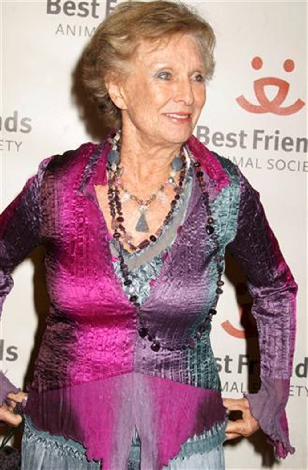 Celebrity 桌布 壁紙 — 一位優雅的老年女士在紅地毯活動中微笑，穿著充滿活力的紫色質感襯衫和層疊項鍊。