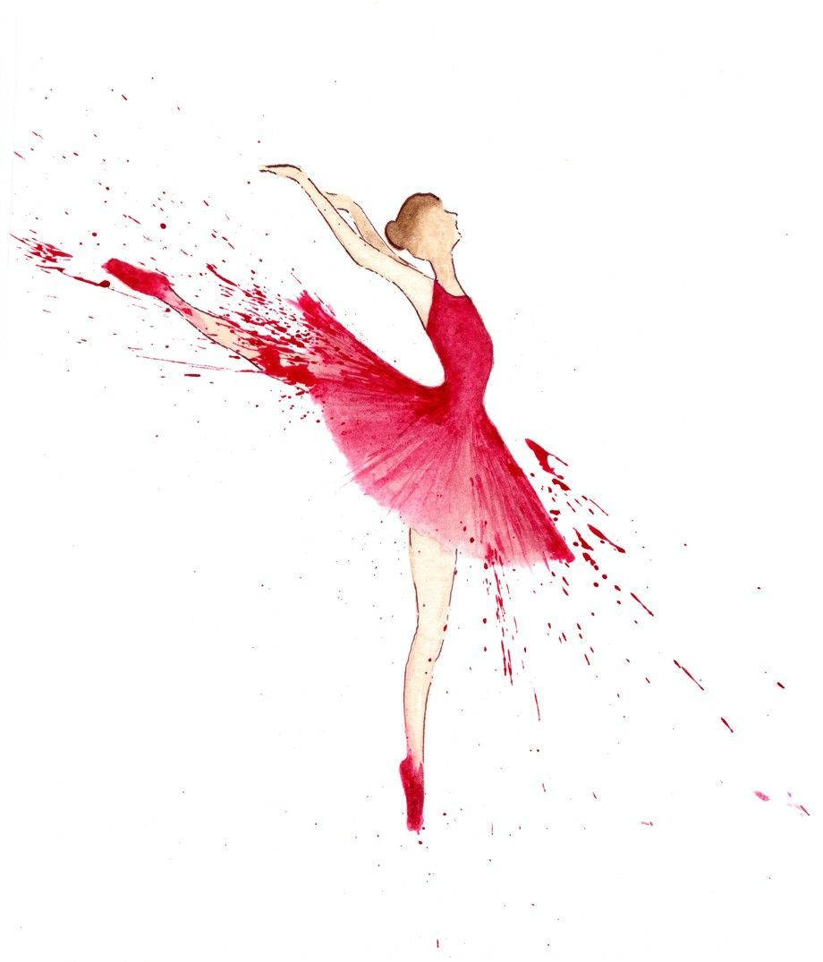 Ballet 桌布 壁紙 — 一位優雅的芭蕾舞者穿著紅色芭蕾舞裙，雙臂高舉跳躍，鮮豔的紅色顏料在她周圍飛濺，背景是純白色。