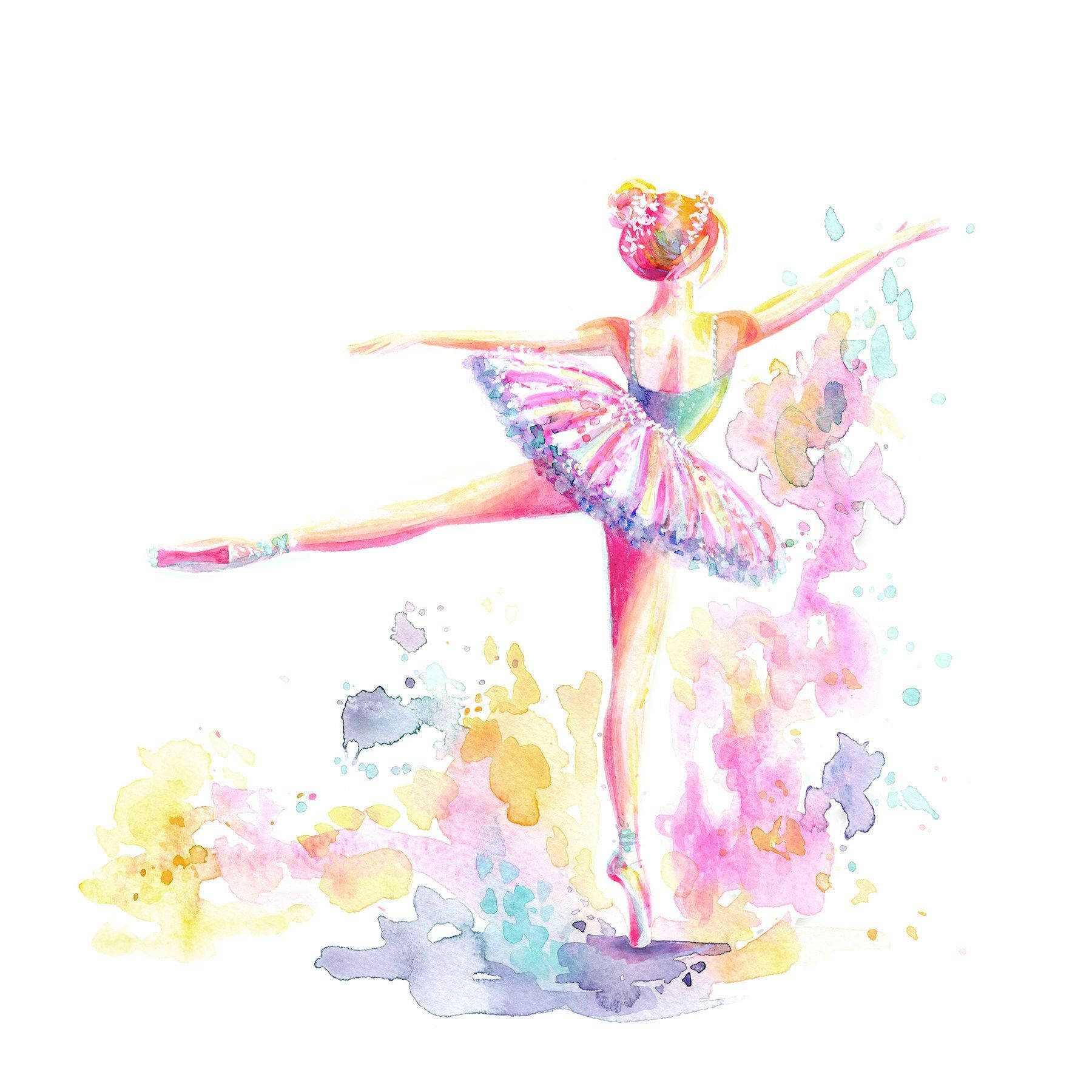 Ballet 桌布 壁紙 — 一位優雅的芭蕾舞者穿著鮮豔的芭蕾舞裙，在白色背景上色彩繽紛的水彩潑濺中起舞。