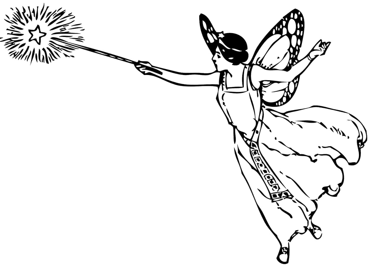 仙女 桌布 壁紙 — 一位優雅的蝴蝶翅膀仙子揮舞著魔杖，發出星爆效果，採用大膽的黑白線條藝術風格。