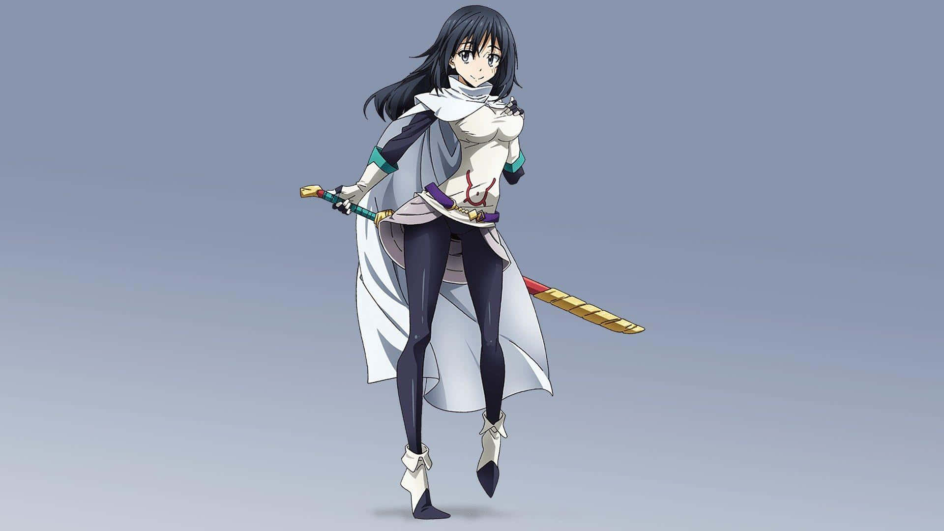 That Time I Got Reincarnated As A Slime 桌布 壁紙 — 一位優雅的黑髮動漫女戰士在純灰色背景上揮舞著劍。