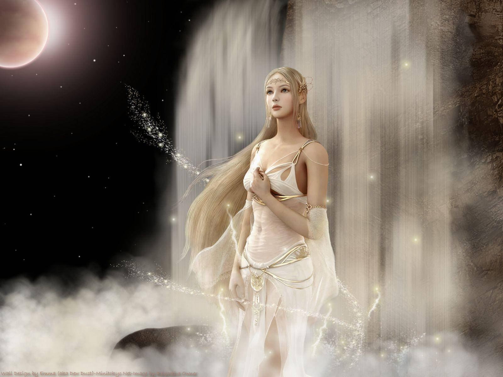 Ethereal 桌布 壁紙 — 一位優雅空靈的白裙女子站在星空下新月旁的發光瀑布前。