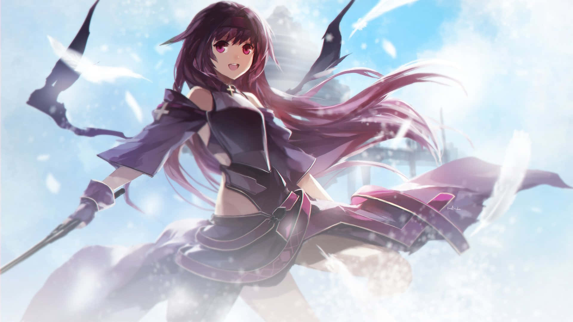 Yuuki Konno 桌布 壁紙 — 一位充滿動感的動漫女孩，擁有長長的紫色頭髮和紅色眼睛，在明亮的雪景背景下揮舞著劍。
