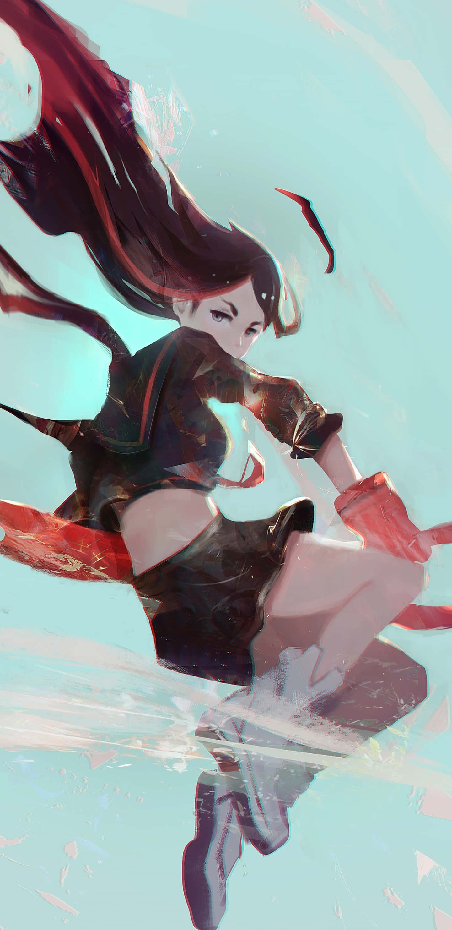 Kill La Kill Senketsu 桌布 壁紙 — 一位充滿動感的動漫女孩，擁有飄逸的紅髮和深色服裝，在帶有動態模糊效果的淺藍色天空中跳躍。