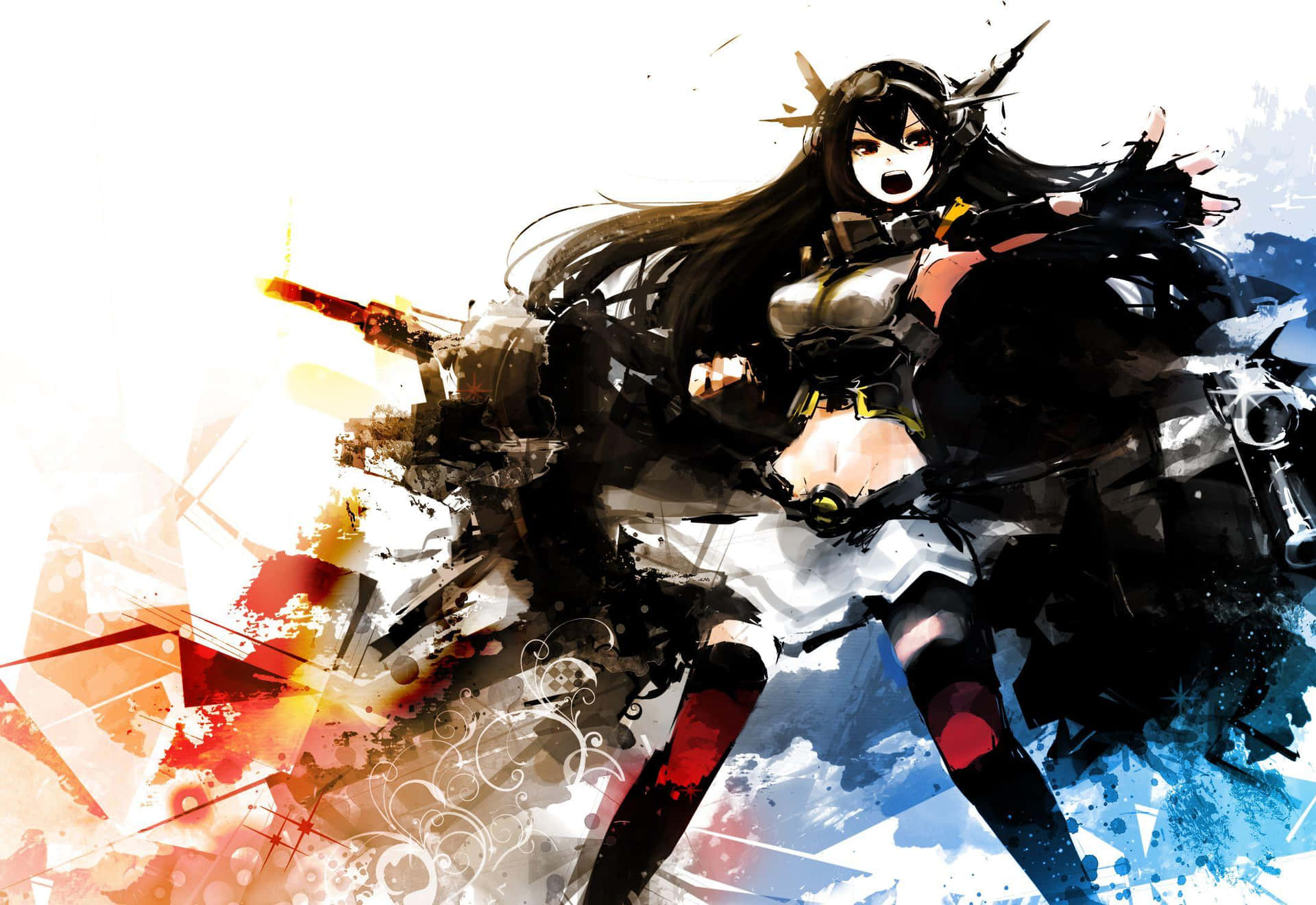 Kancolle 桌布 壁紙 — 一位充滿動感的動漫女孩，留著黑色長髮，臉上塗著白色顏料，在爆炸性的紅色、橙色和藍色抽象潑濺中揮舞著武器。