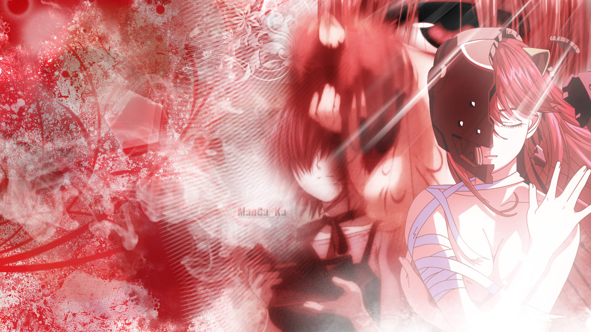 Elfen Lied 桌布 壁紙 — 一位充滿動感的動漫女孩，紅髮貓耳，佇立在旋轉的紅白抽象能量效果之中。