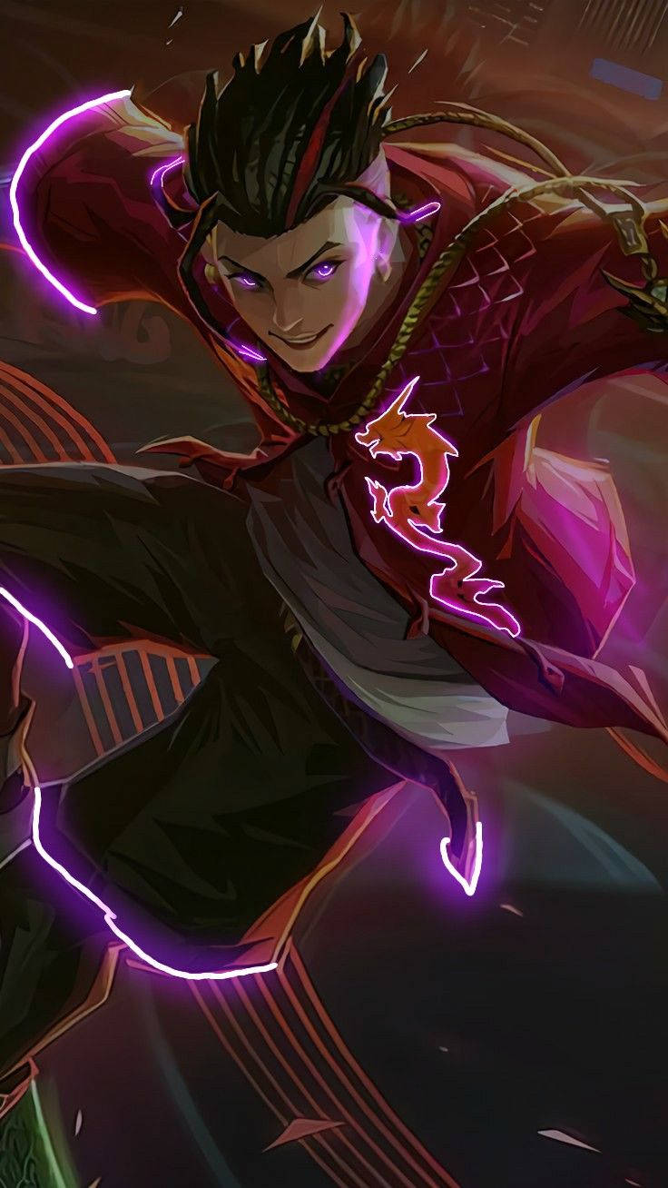 動漫戰士，帶有發光紫色能量和龍形徽章，處於戰鬥姿態。 — Mobile Legends 動態圖 壁紙