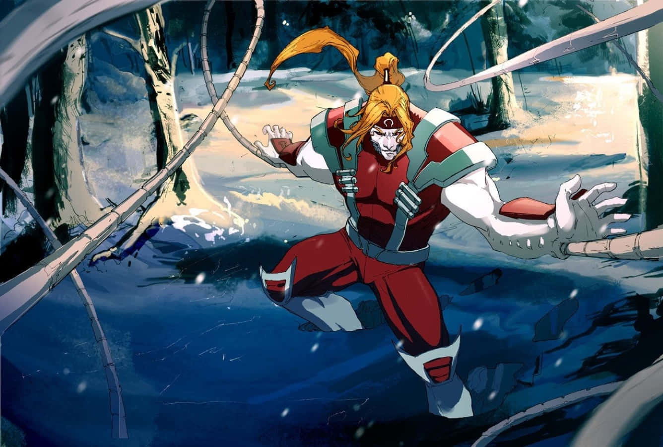 Omega Red 桌布 壁紙 — 一位充滿動感的動漫戰士，擁有橙色頭髮和紅色盔甲，在雪地森林中跳躍，周圍是飄落的雪花和扭曲的樹枝。