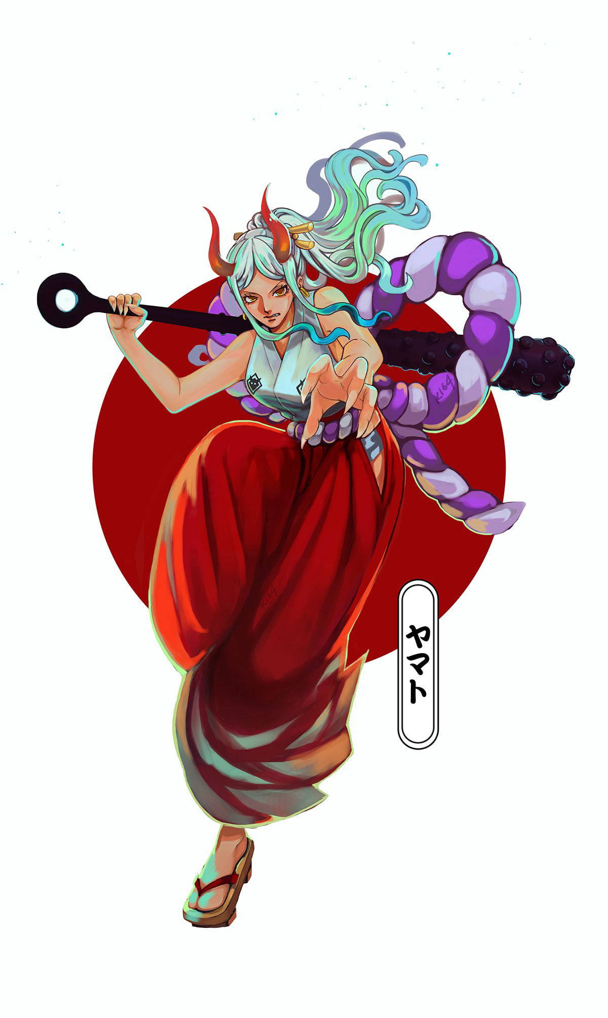 海賊王 桌布 壁紙 — 一位充滿動感的動漫戰士，擁有藍綠色頭髮和紅色角，在醒目的紅色圓形背景下揮舞著法杖。