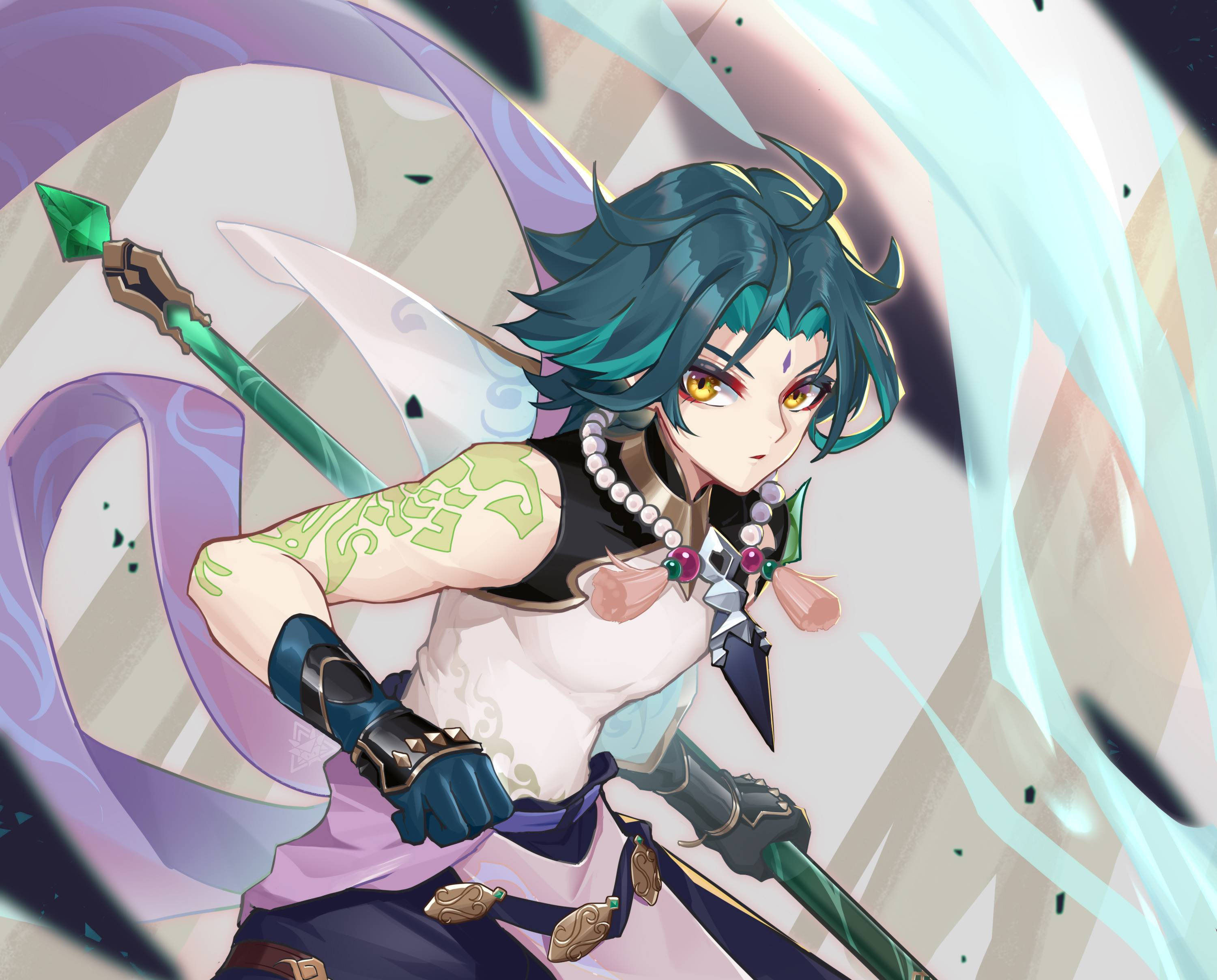sword 桌布 壁紙 — 一位充滿動感的動漫戰士，擁有青綠色頭髮和發光的眼睛，在旋轉的紫色和青色能量中揮舞著綠色長矛。