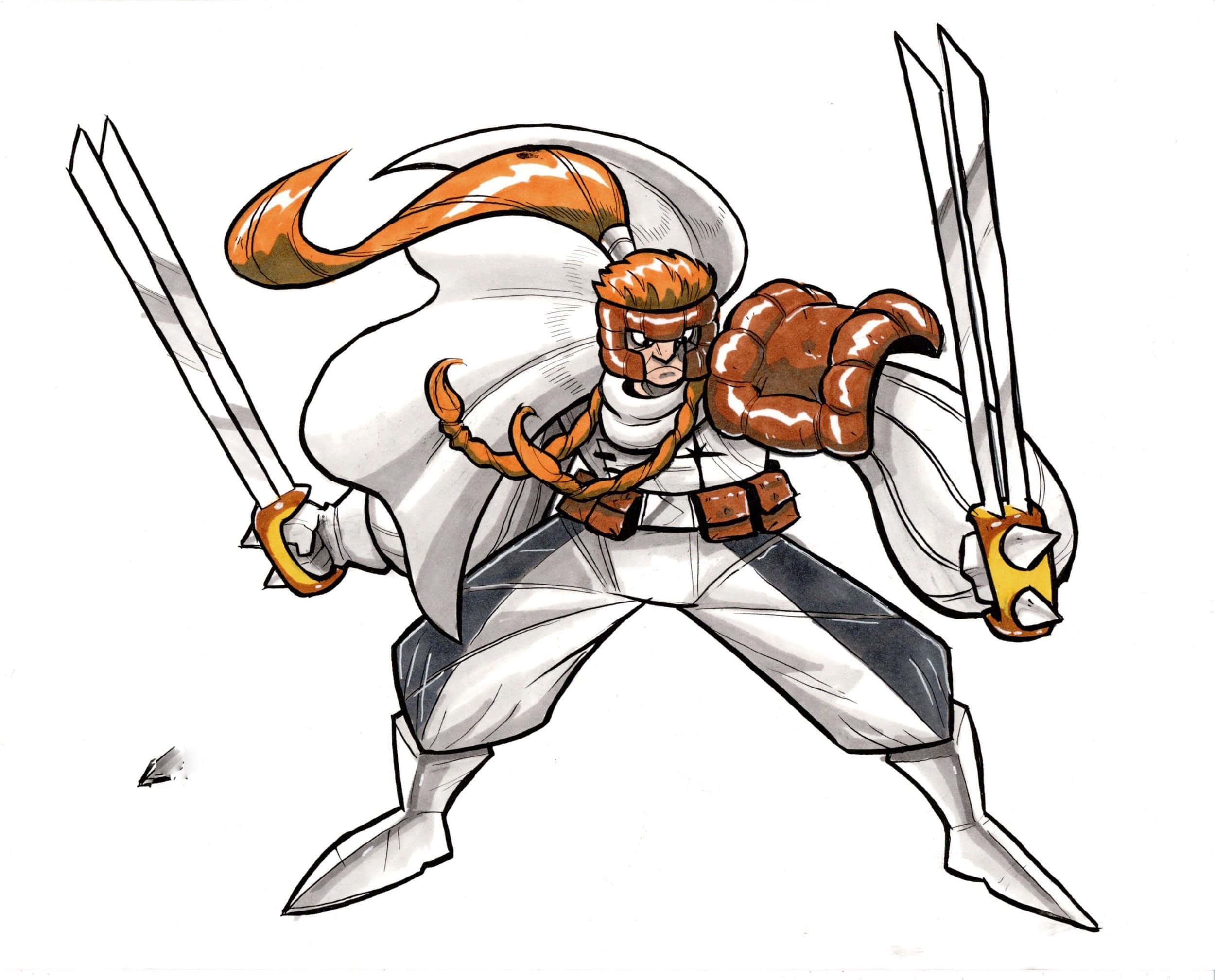 Shatterstar 桌布 壁紙 — 一位充滿動感的動漫戰士，橙色頭髮，白色披風，以兇猛的戰鬥姿態揮舞兩把劍。