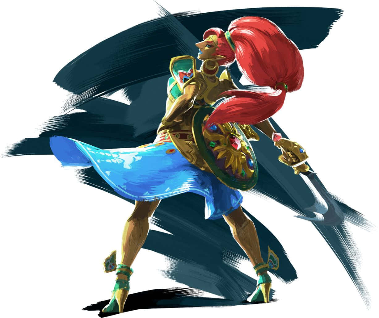 The Legend Of Zelda Urbosa 桌布 壁紙 — 一位充滿動感的動漫戰士，紅髮藍裙，在醒目的黑色筆觸背景下擺出英雄姿勢。