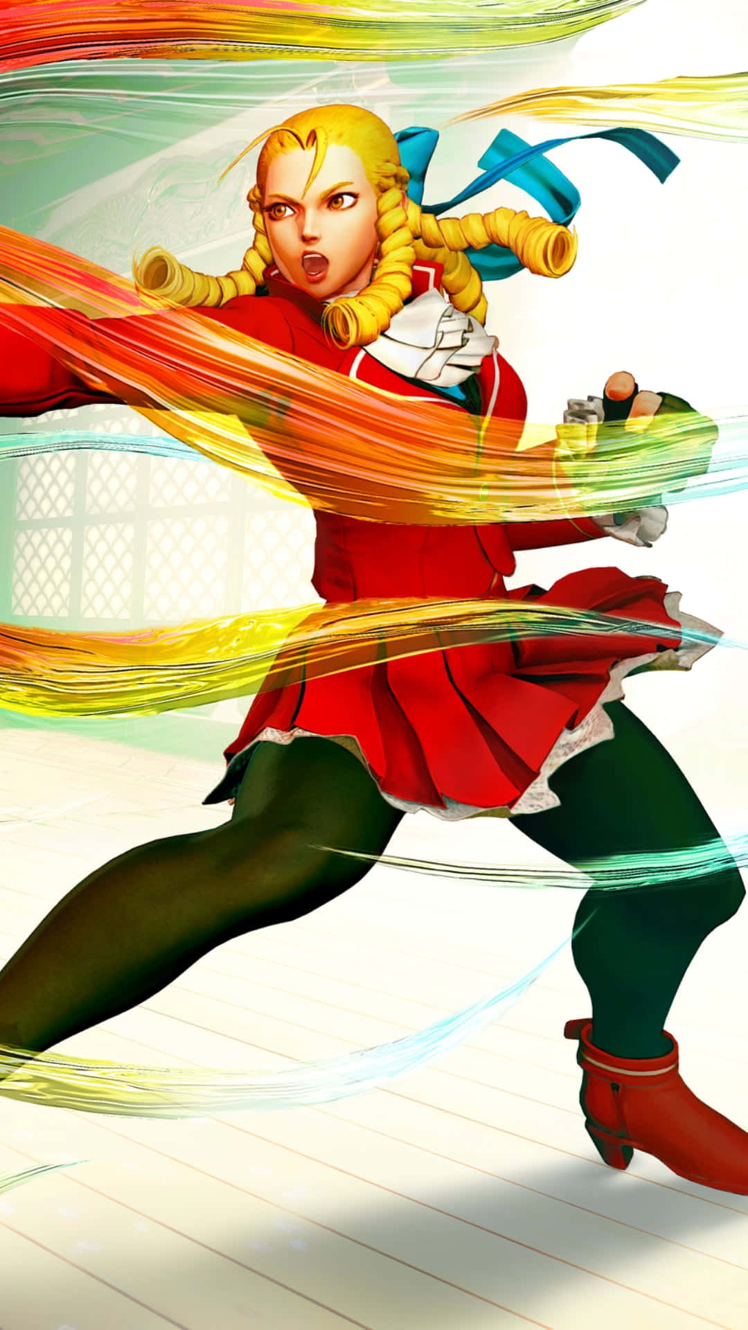 Street Fighter Characters 桌布 壁紙 — 一位充滿動感的動漫戰士，金色辮子配紅色服裝，在半空中釋放出色彩繽紛的能量衝擊波。