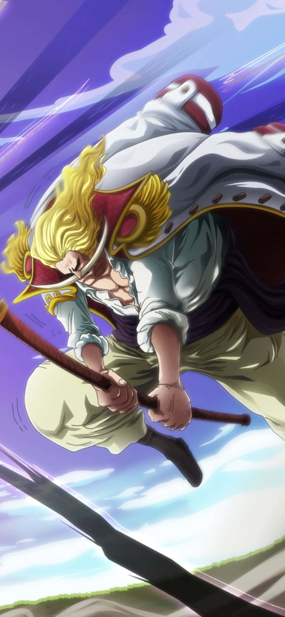 Whitebeard 桌布 壁紙 — 一位充滿動感的動漫戰士，金髮紅帽，在充滿活力的紫藍色天空中揮舞長劍劃破長空。