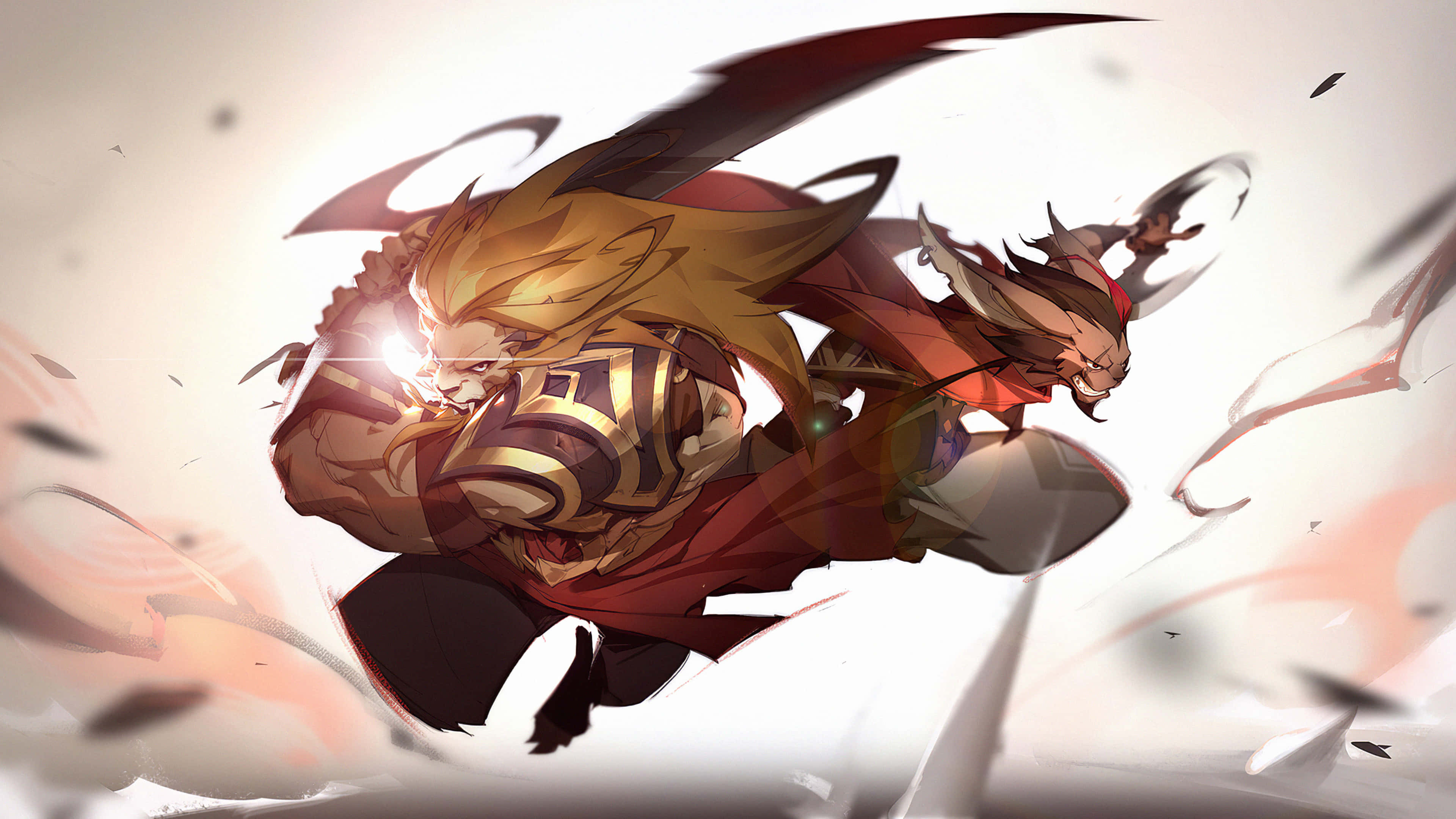 Afk Arena 桌布 壁紙 — 一位充滿動感的動漫戰士，金髮紅披風，在運動與光芒的爆發中向前衝刺。