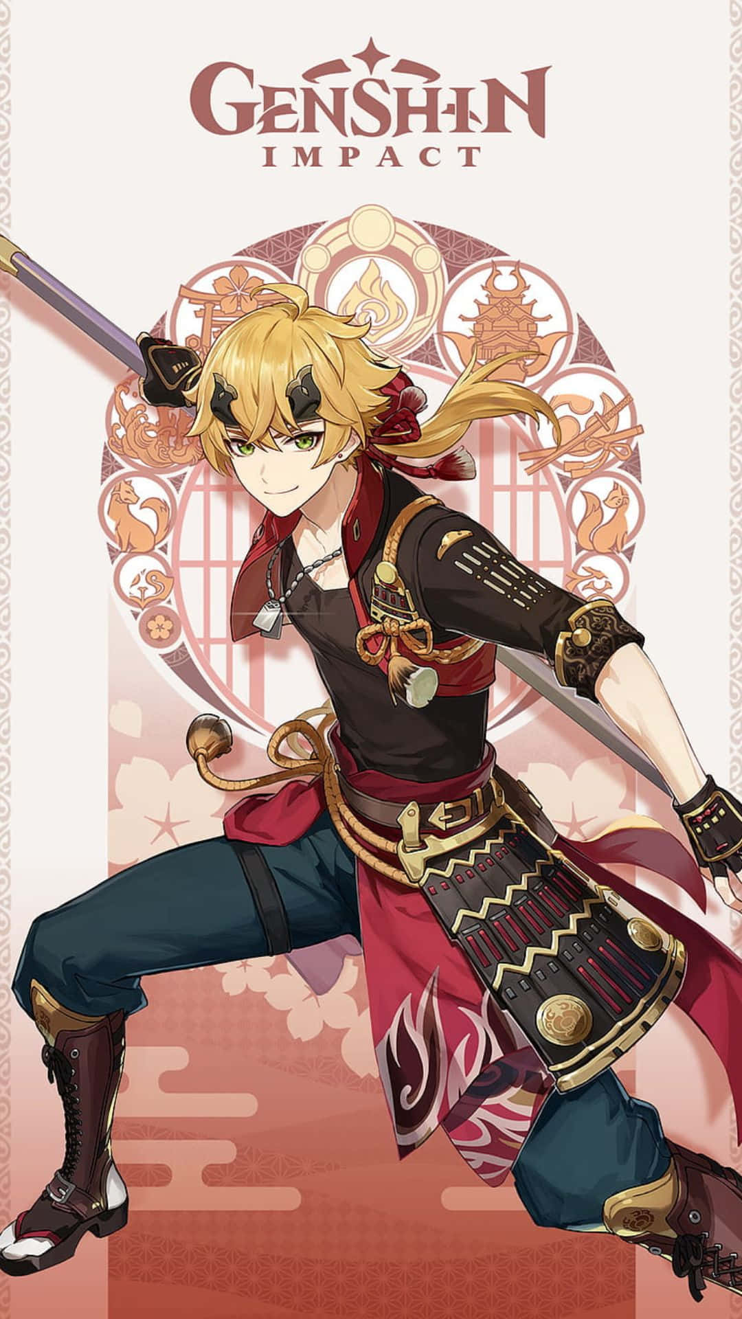 Genshin Impact Characters 桌布 壁紙 — 一位充滿動感的動漫戰士，金髮黑眼紋，在裝飾性的日式背景前揮舞著劍。