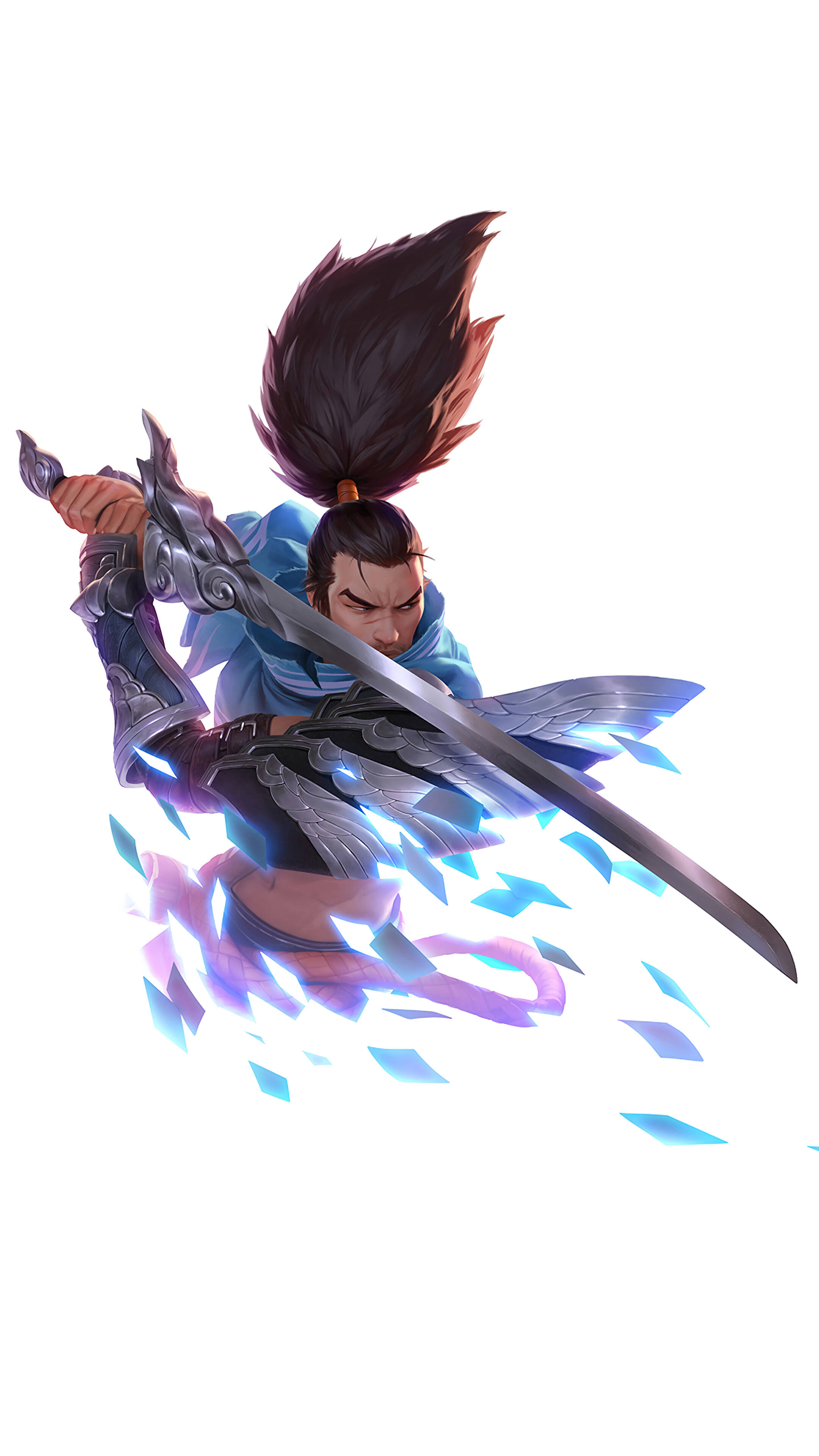 電玩遊戲 桌布 壁紙 — 一位充滿動感的動漫戰士，黑髮閃耀藍色能量，專注地揮劍劃破空氣。