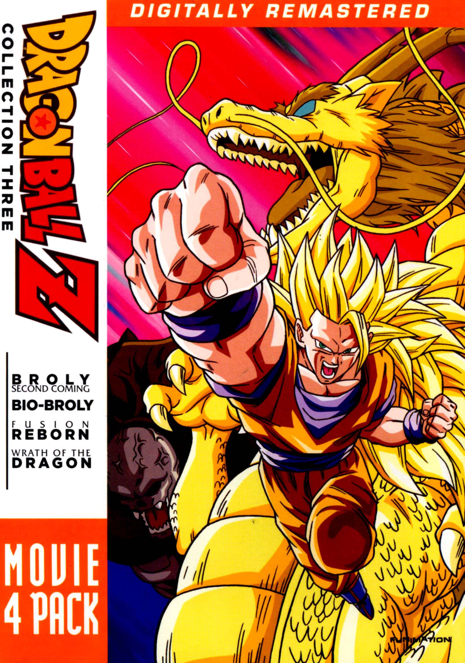 Dbz Movies 桌布 壁紙 — 一位充滿動感的動漫英雄，擁有尖刺金髮，騎著咆哮的黃龍向前揮拳，背景是鮮豔的紅色。