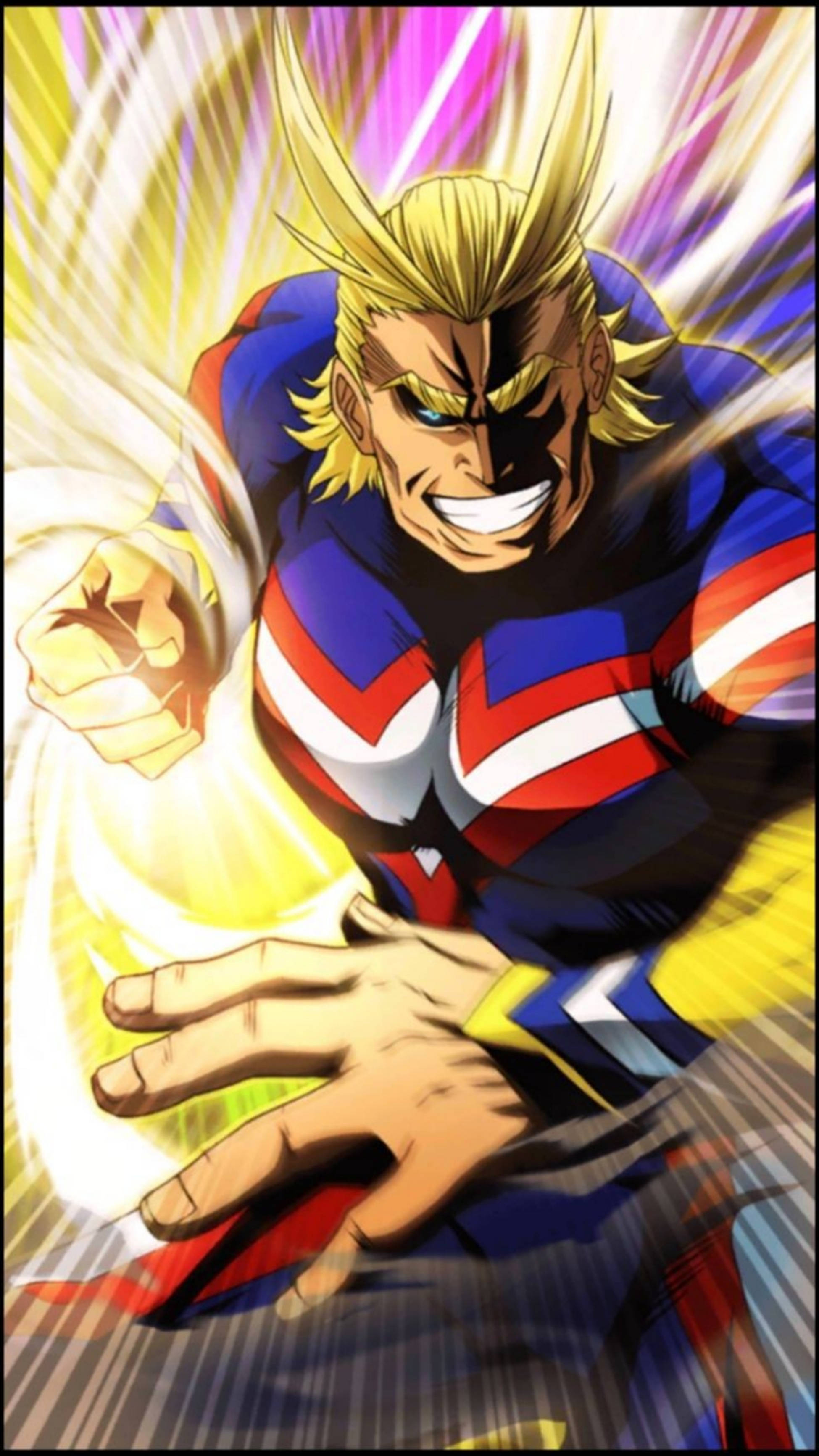 我的英雄學院 桌布 壁紙 — 一位充滿動感的動漫英雄，擁有尖刺金髮和藍紅白套裝，拳頭向前猛擊，拳上散發出發光的能量。