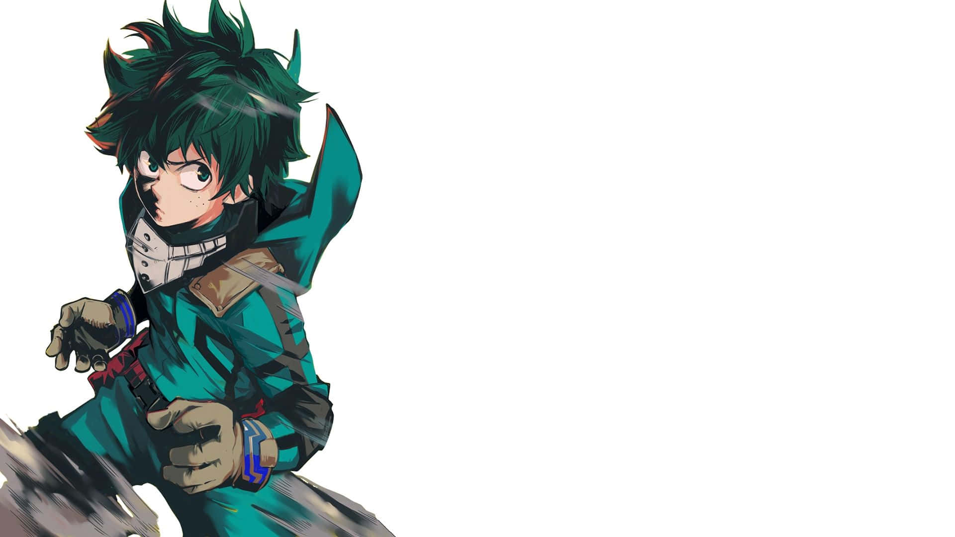 My Hero Academia Deku 桌布 壁紙 — 一位充滿動感的動漫英雄，綠色頭髮，戴著面具，身穿青綠色套裝，在純白背景上向前衝刺。