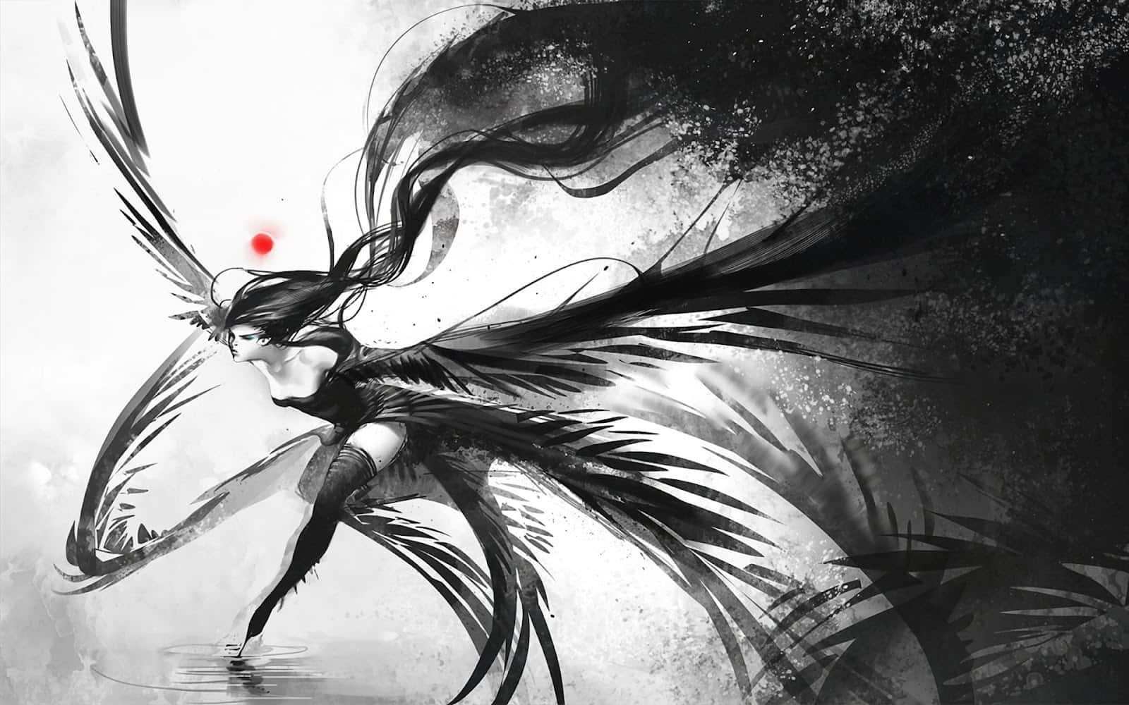 anime black and white 桌布 壁紙 — 一位充滿動感的動漫風格女戰士，擁有黑色羽毛翅膀和發光的紅色眼睛，在單色風暴天空中跳躍。
