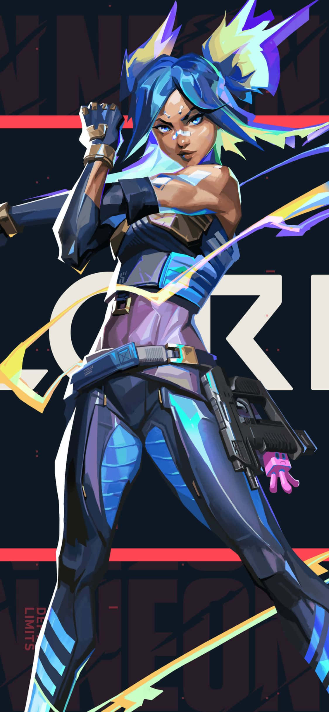 iPhone Xs Gaming 桌布 壁紙 — 一位充滿動感的動漫風格女戰士，擁有電光藍色頭髮和發光能量效果，自信地穿著未來主義盔甲擺出姿勢。