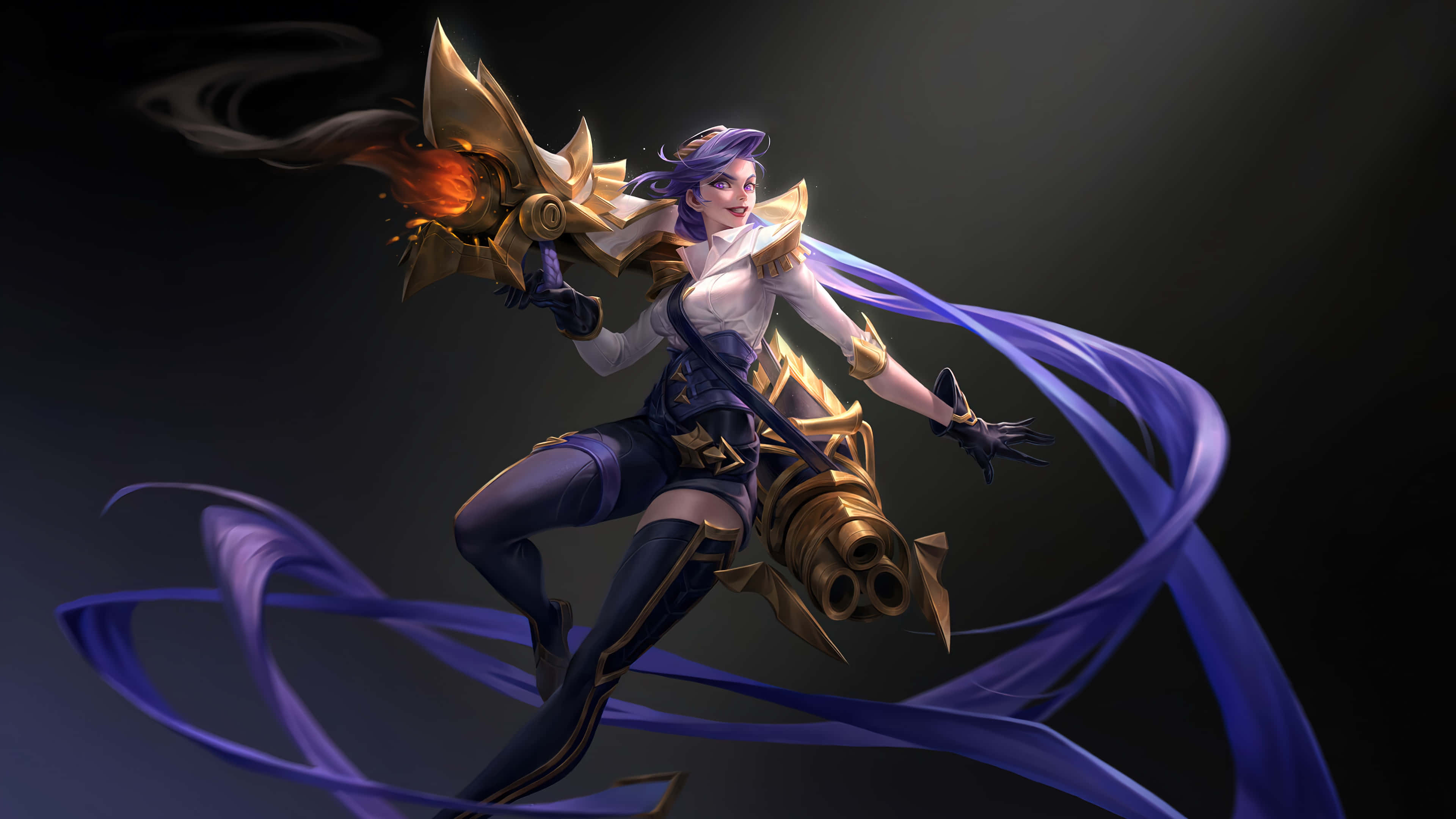 Warrior 桌布 壁紙 — 一位充滿動感的動漫風格女戰士，紫色頭髮，在黑暗背景下揮舞著燃燒的金色武器。