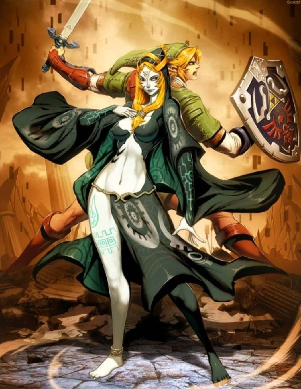 The Legend Of Zelda Midna 桌布 壁紙 — 一位充滿動感的動漫風格女戰士，臉上塗有白色顏料，身披綠色斗篷，揮舞著劍，而一位男性同伴在塵土飛揚的廢墟中舉著盾牌。