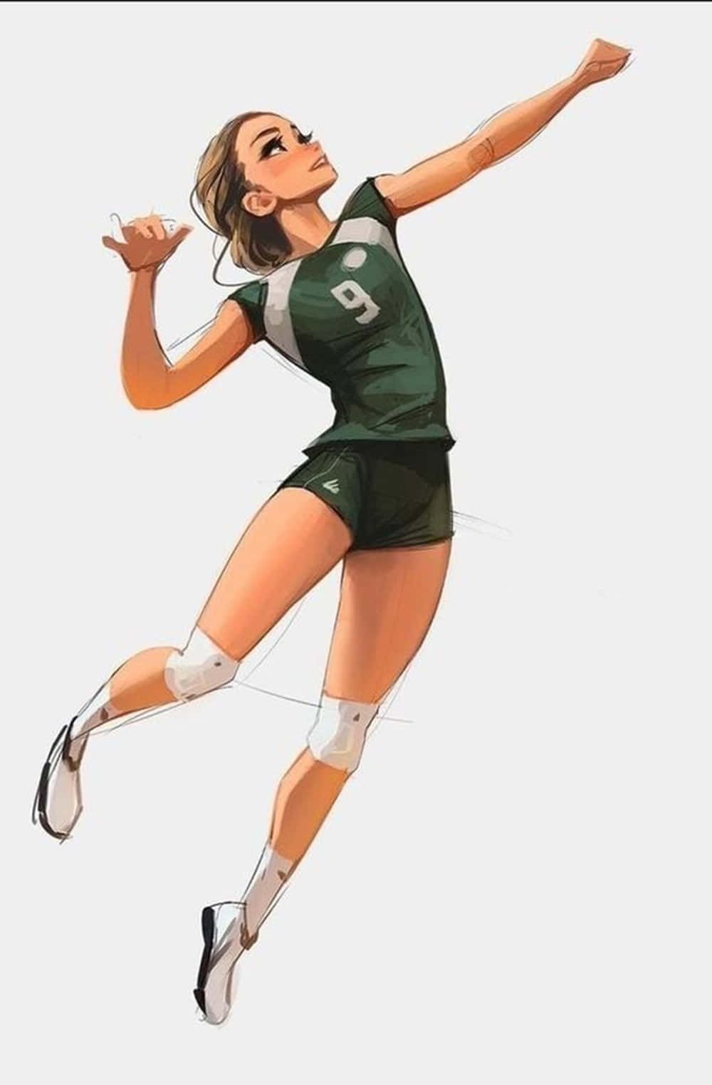 Volleyball 桌布 壁紙 — 一位充滿動感的動漫風格女排球員，身穿綠色9號球衣，在空中躍起，雙臂伸展準備扣球。