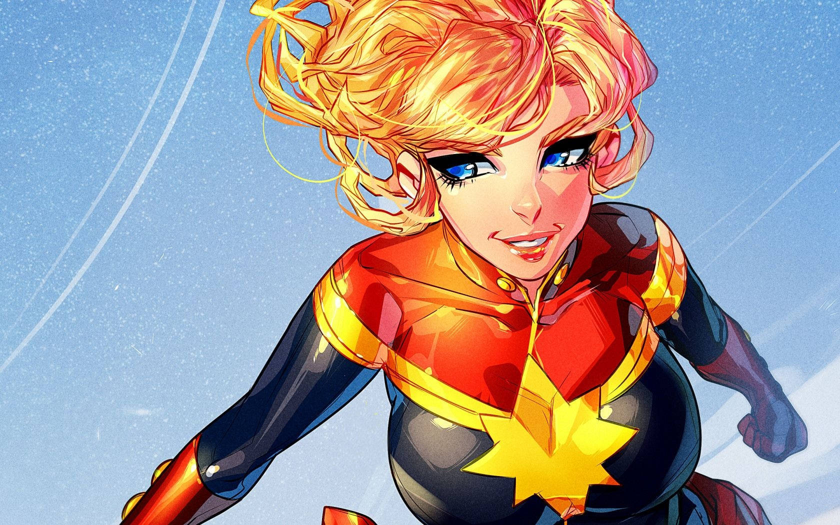 Cute Marvel 桌布 壁紙 — 一位充滿動感的動漫風格女超級英雄，擁有火熱的金色頭髮和帶有星星圖案的戰衣，在繁星點點的藍色天空中翱翔。