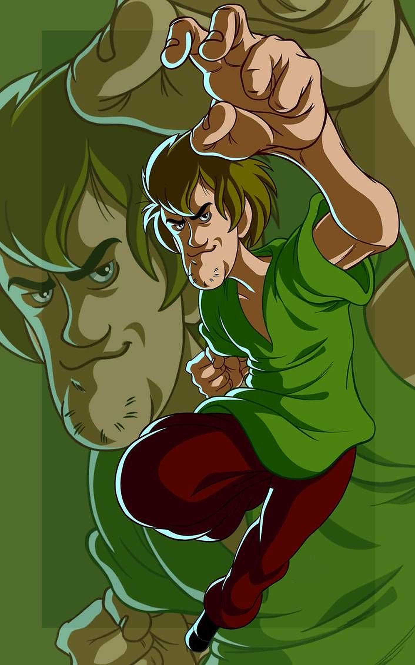 Shaggy 桌布 壁紙 — 一位充滿動感的動漫風格武術家，身穿綠色和紅色，在陰暗的綠色背景下以強烈的專注力向前攻擊。