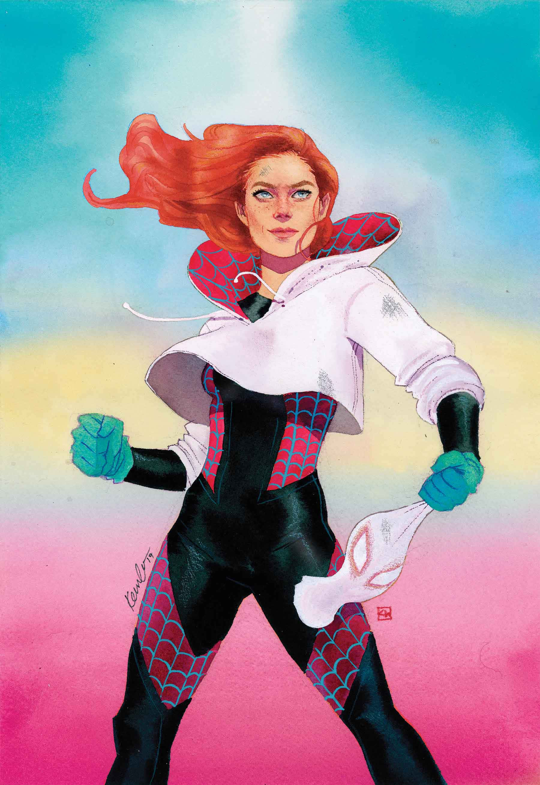 Mary Jane 桌布 壁紙 — 一位充滿動感的女超級英雄，擁有飄逸的紅髮和白色連帽套裝，在充滿活力的漸變天空下擺好姿勢。
