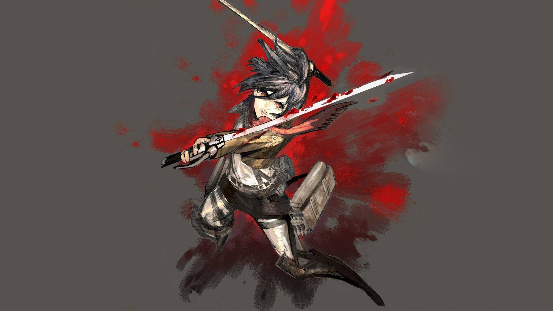 Mikasa 桌布 壁紙 — 一位充滿動感的灰色頭髮動漫戰士，在深灰色背景上揮舞著沾滿鮮血的劍向前斬擊。