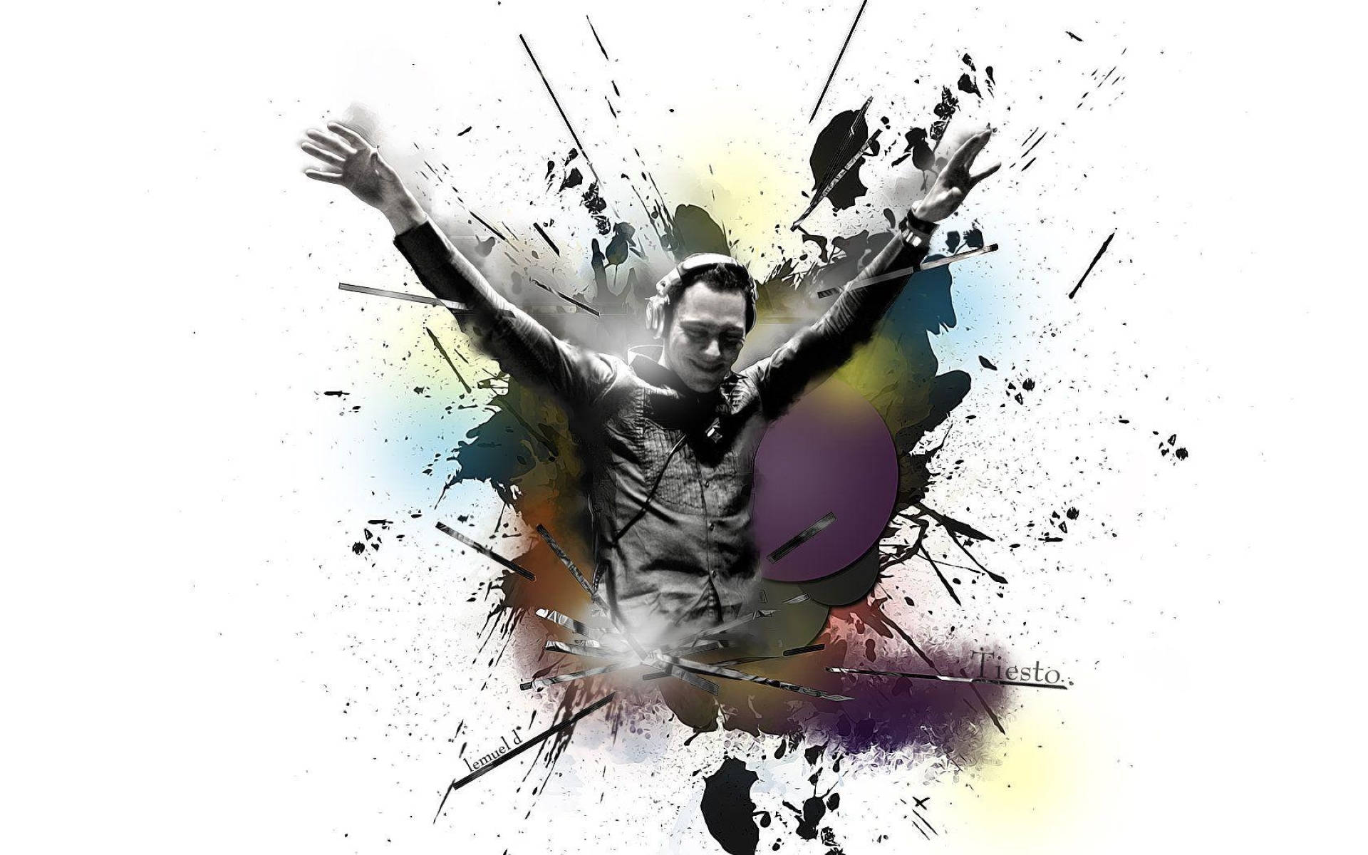 Tiesto 桌布 壁紙 — 一位充滿活力的DJ高舉雙臂，在純白背景上衝破色彩繽紛的顏料飛濺爆炸。