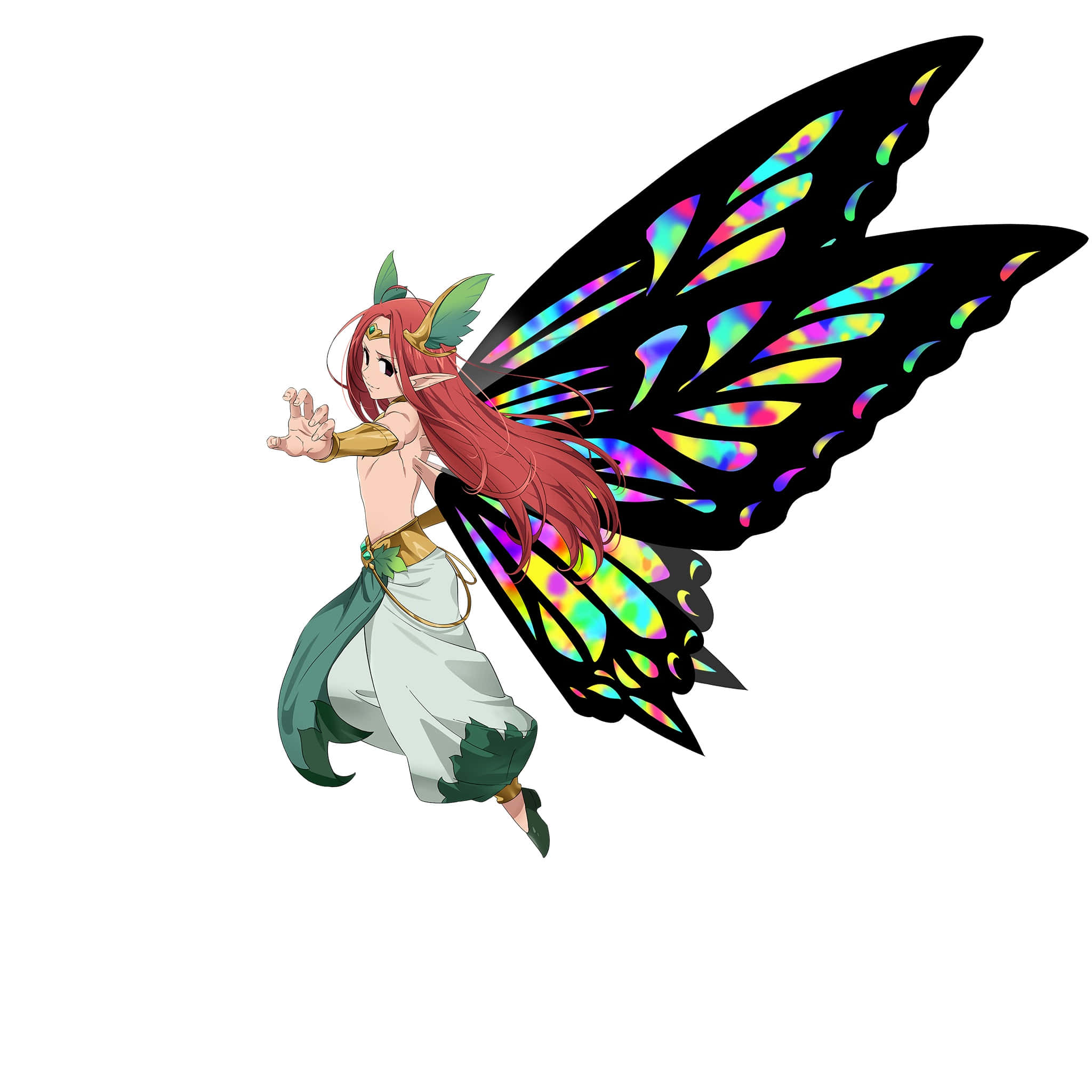 Seven Deadly Sins Gloxinia 桌布 壁紙 — 一位充滿活力的動漫仙子，紅髮，虹彩翅膀，在純白背景中飛行。