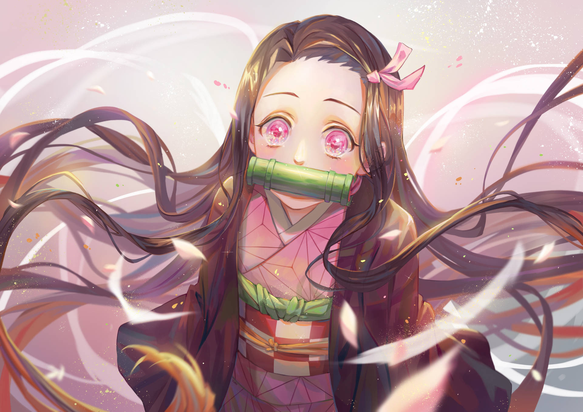 動漫女孩，粉紅色眼睛和竹製口塞，被旋轉的花瓣包圍。
