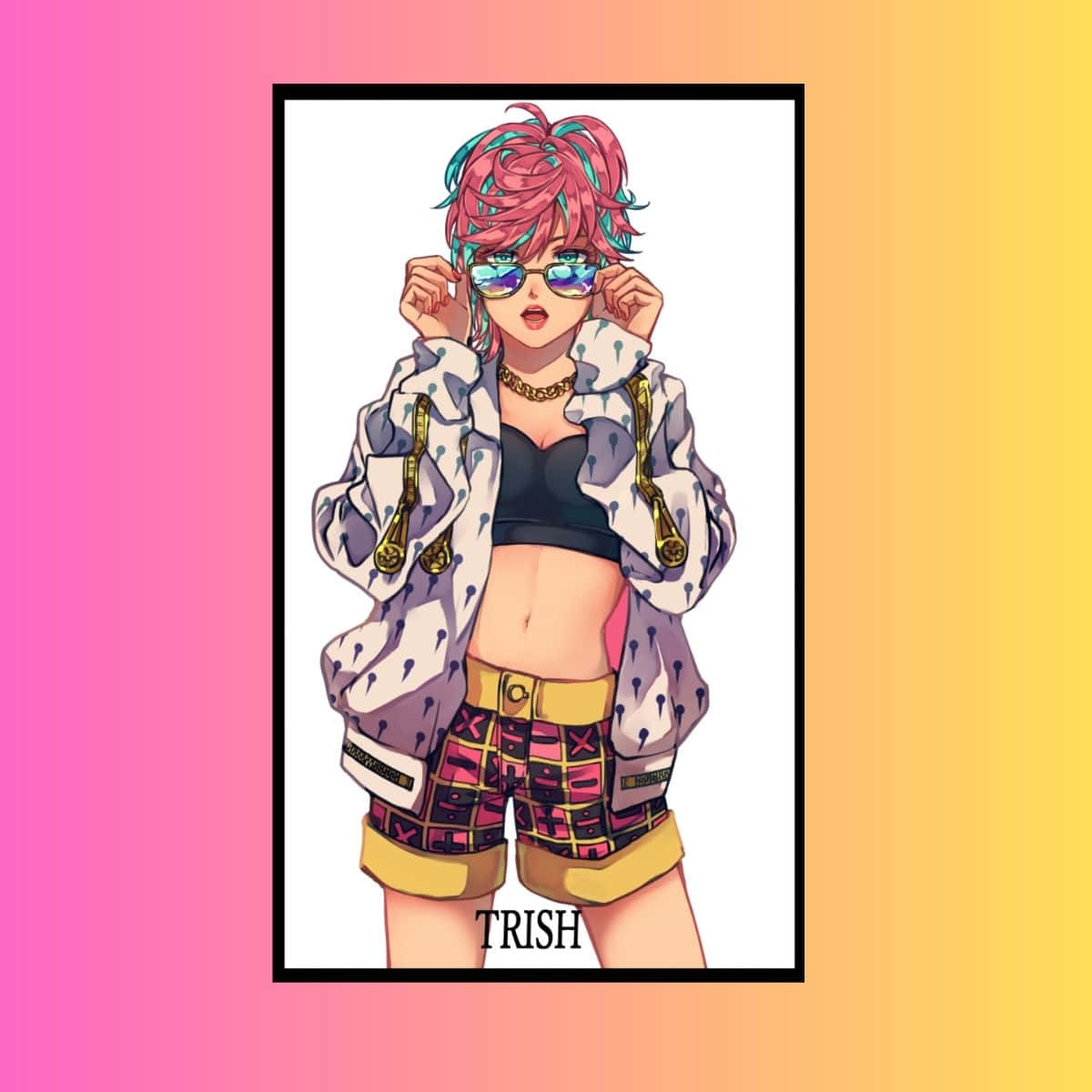 Trish Una 桌布 壁紙 — 一位充滿活力的動漫女孩，擁有粉紅色和藍綠色頭髮，在粉紅到黃色的漸變背景前調整反光太陽眼鏡。