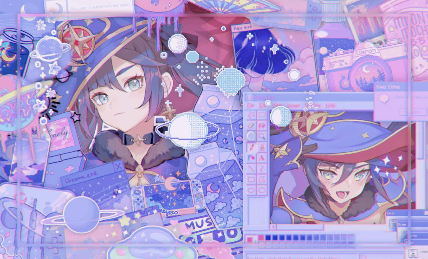 Genshin Impact Mona 桌布 壁紙 — 一位充滿活力的動漫女孩，擁有紫色頭髮和星星飾品，被漂浮的數位藝術工具和宇宙主題塗鴉環繞，呈現夢幻的淡紫色美學。