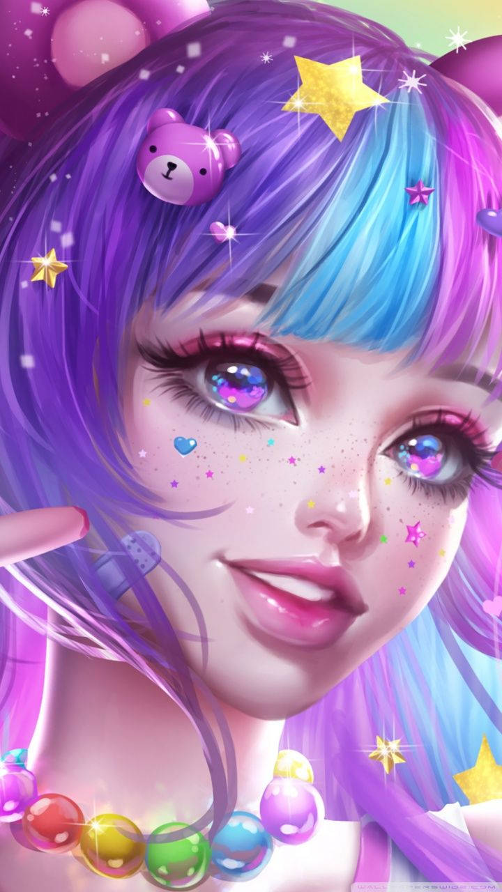 girls 桌布 壁紙 — 一位充滿活力的動漫女孩，擁有紫色和藍色的頭髮，飾有星星和泰迪熊配件，溫柔地微笑。