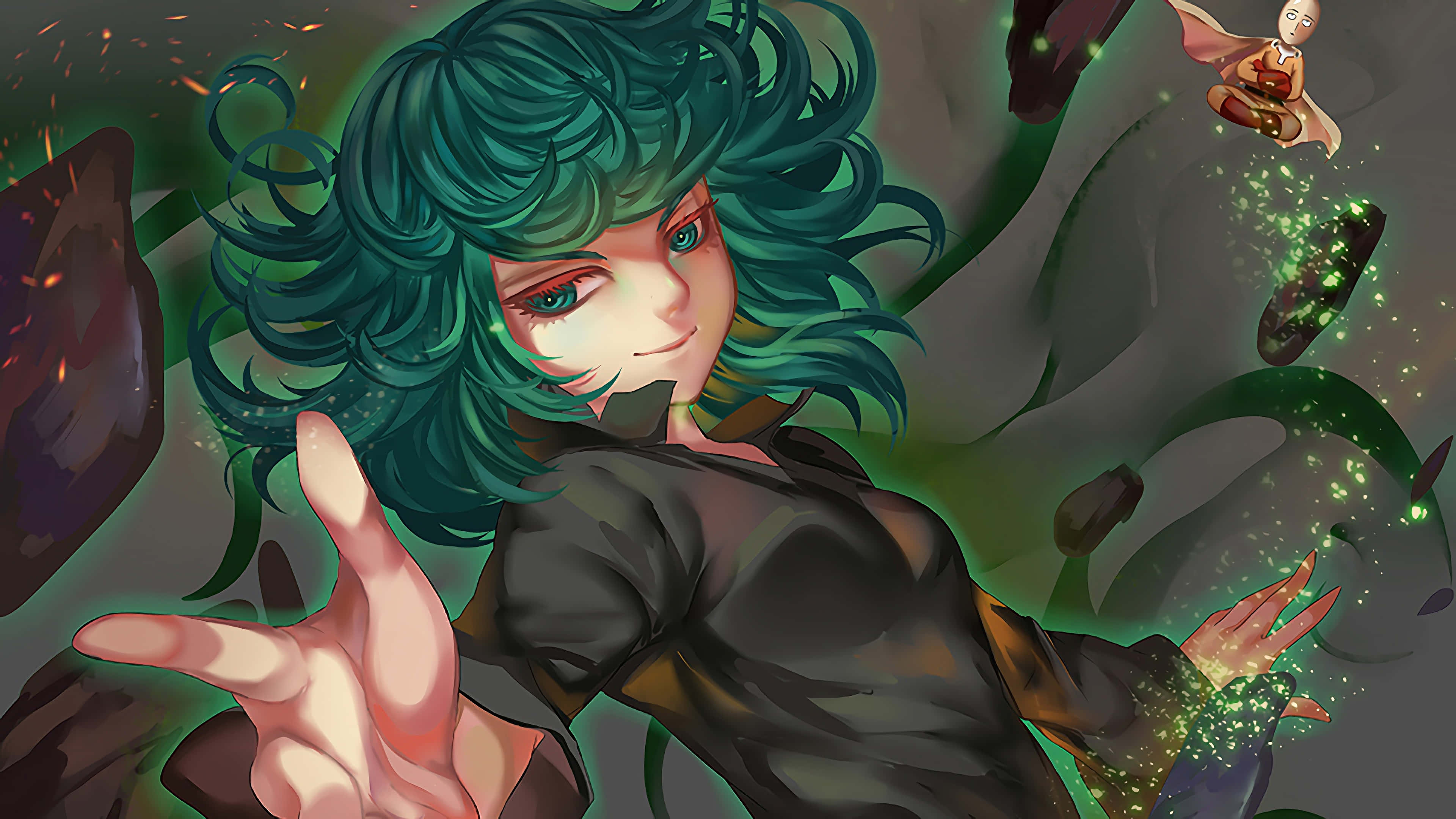 Tatsumaki 桌布 壁紙 — 一位充滿活力的動漫女孩，擁有青綠色頭髮和發光的綠色能量，在漂浮的碎片和火花中伸出手。
