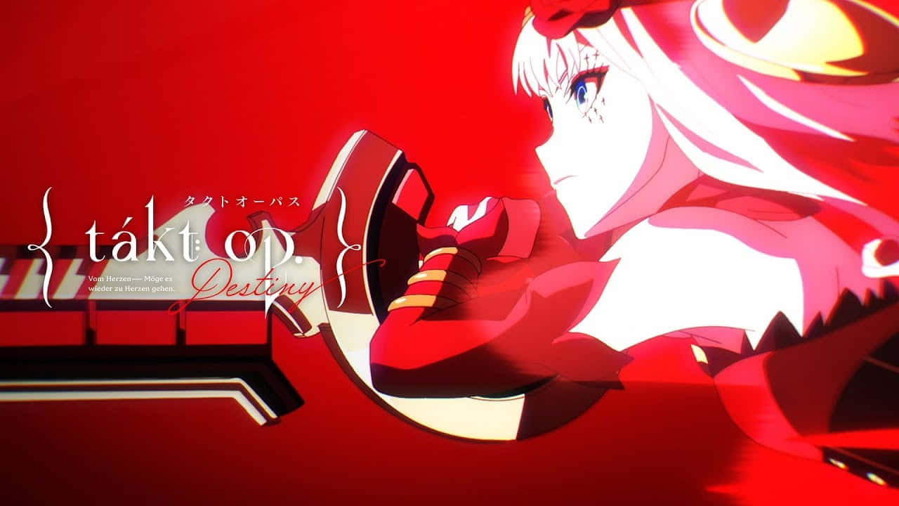 Cool Anime Girl 桌布 壁紙 — 一位充滿活力的動漫女孩，白髮紅衣，在鮮紅色的背景前揮舞著一把巨大的紅色武器。