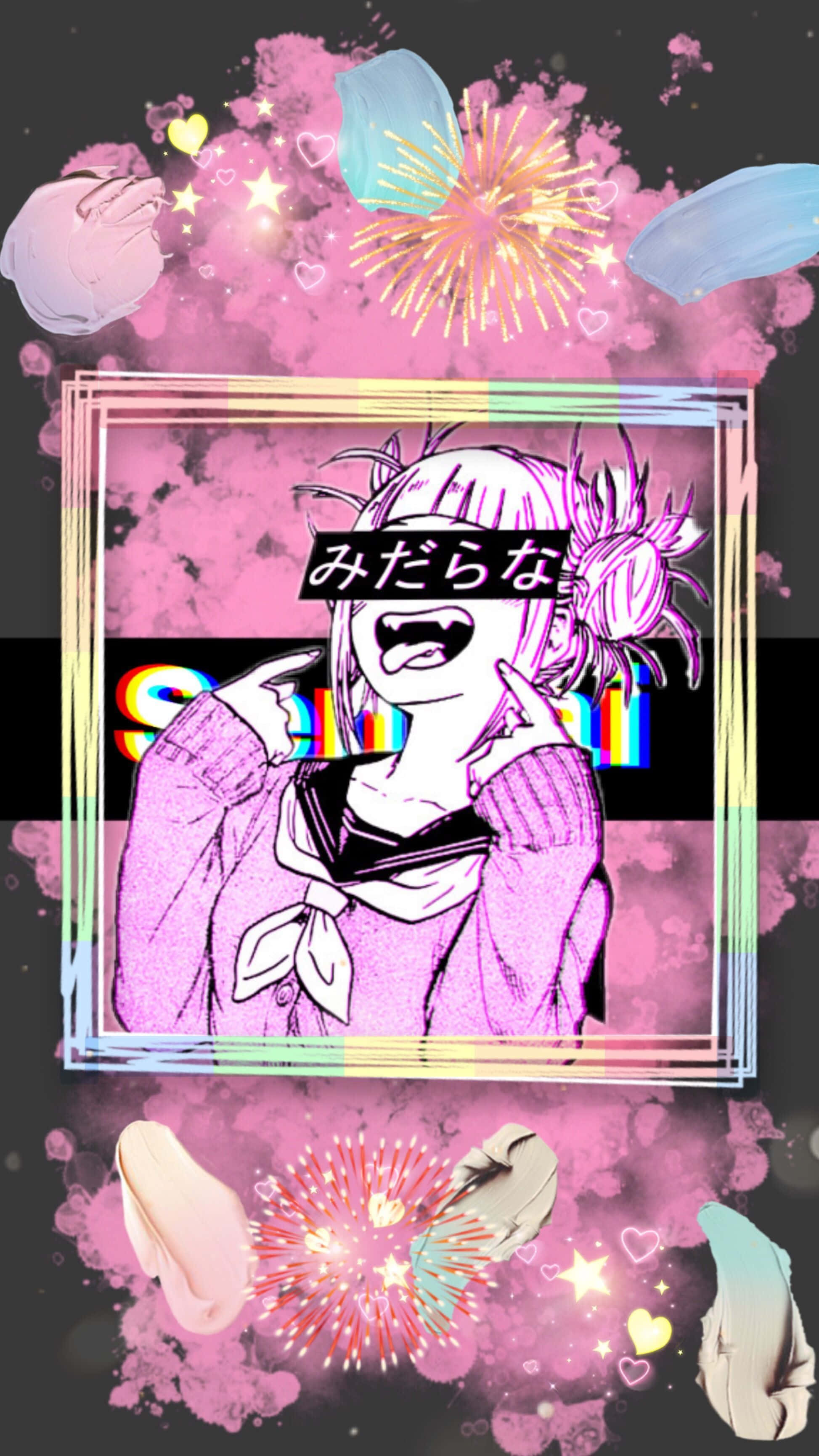 Toga 桌布 壁紙 — 一位充滿活力的動漫女孩，粉紅色頭髮和水手領，在粉紅色煙霧和五彩繽紛的煙火中開心地微笑。