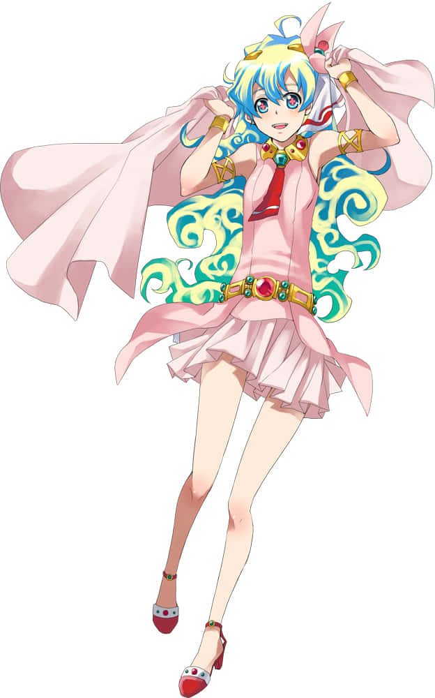 Nia Teppelin 桌布 壁紙 — 一位充滿活力的動漫女孩，藍色頭髮和粉紅色斗篷，在純白色背景上動態跳躍。