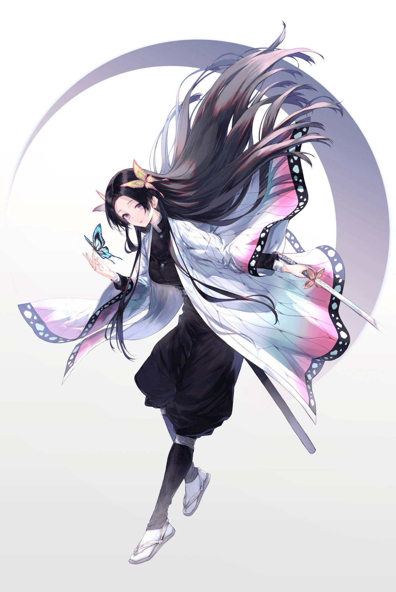 kanae kocho 桌布 壁紙 — 一位充滿活力的動漫女孩，長著深色長髮，穿著蝴蝶主題的和服，在極簡的彎月背景下優雅地跳躍。
