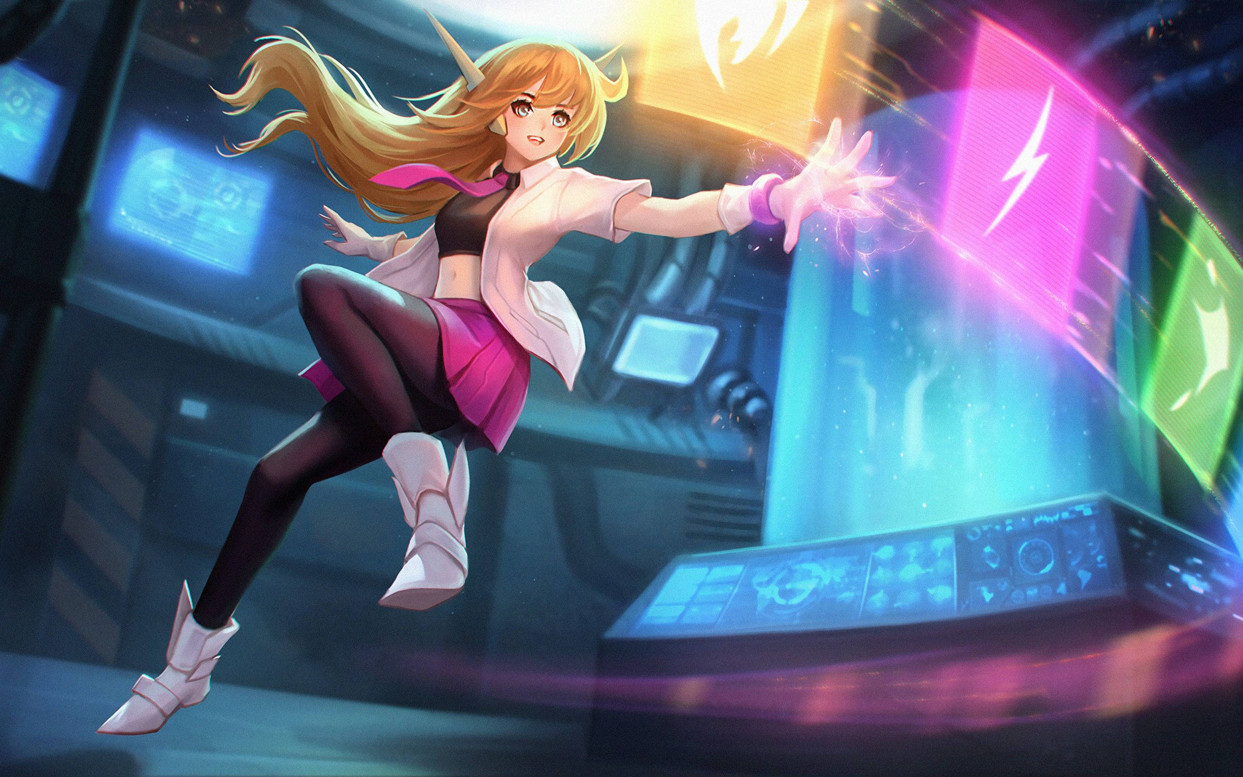 anime dance 桌布 壁紙 — 一位充滿活力的動漫女孩，飄逸的金髮，跳過一個霓虹燈照亮的未來控制室，從她手中引導發光的能量。