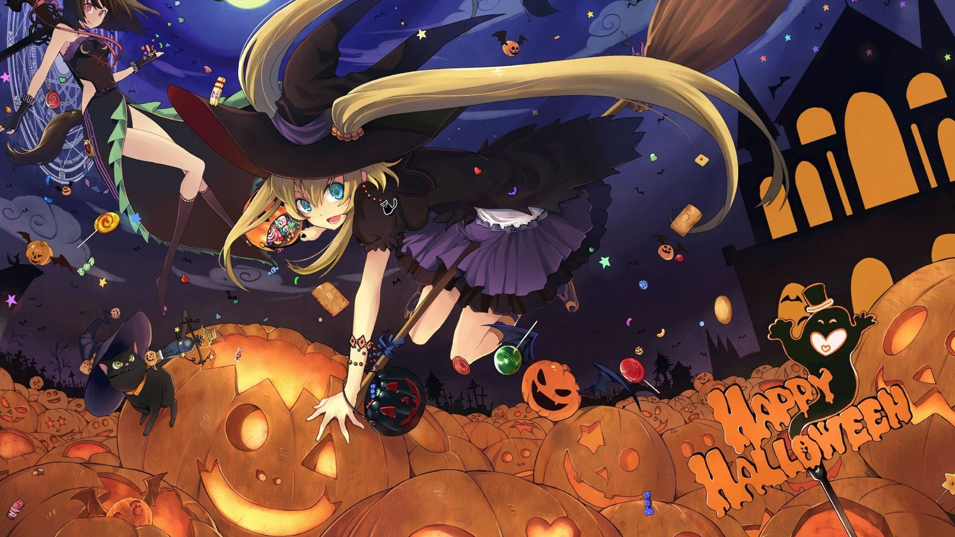Witchy 桌布 壁紙 — 一位充滿活力的動漫女巫，長長的金髮和黑色帽子，在星光燦爛的夜空下歡快地跳過發光的南瓜燈。