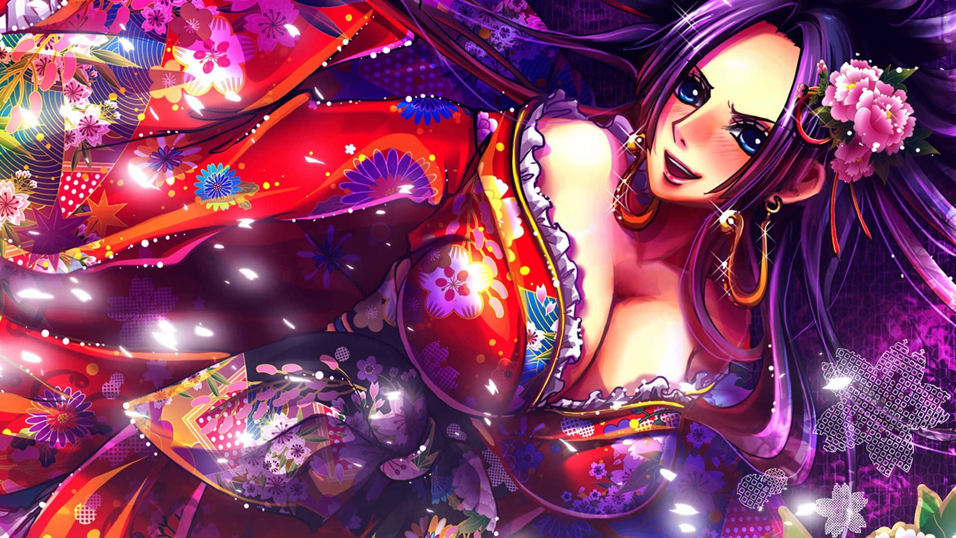 boa hancock 桌布 壁紙 — 一位充滿活力的動漫女性，紫色頭髮和花卉和服，在發光的櫻花和彩色圖案中斜倚。