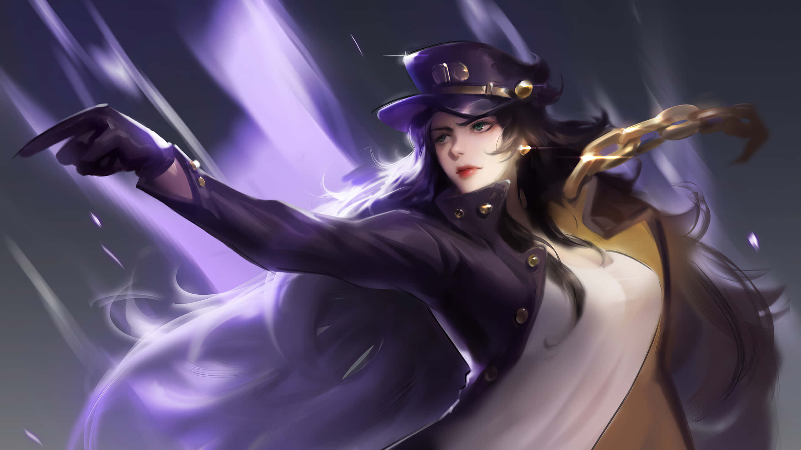 Jojo 桌布 壁紙 — 一位充滿活力的動漫女性，身穿紫色外套和帽子，揮舞著發光的鎖鏈，背景是旋轉的紫色能量。