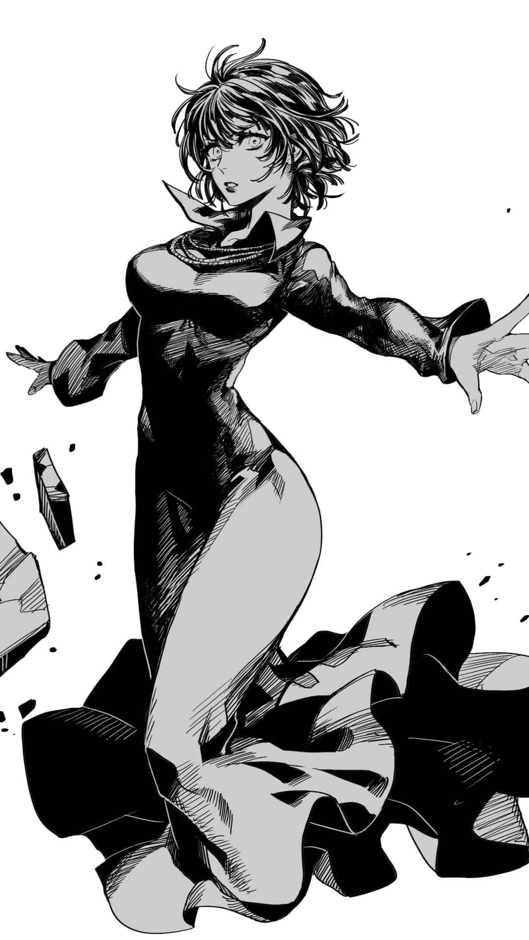 Fubuki 桌布 壁紙 — 一位充滿活力的動漫女性穿著貼身連衣裙，伸展雙臂衝破碎玻璃。