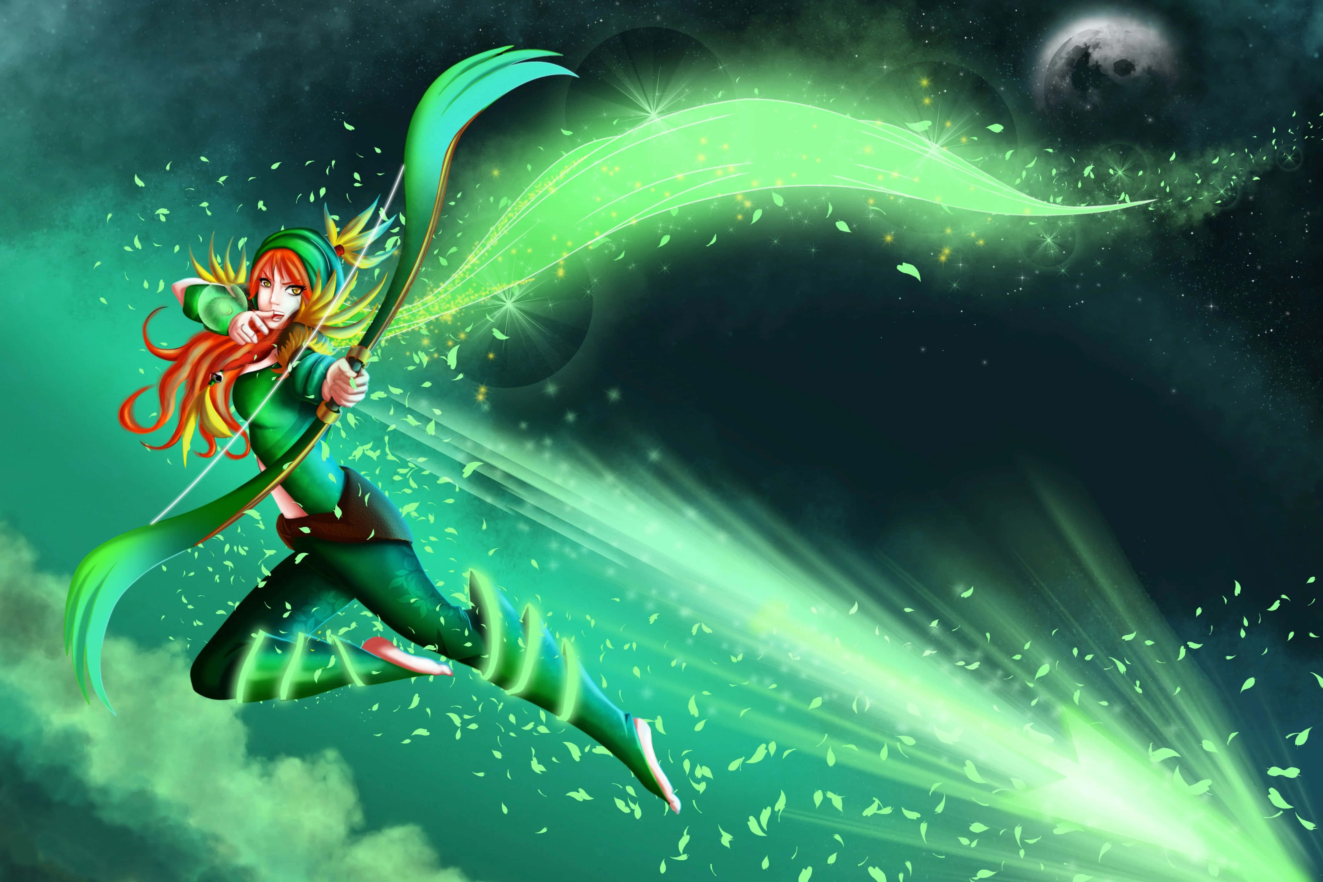 Windranger 桌布 壁紙 — 一位充滿活力的動漫弓箭手，擁有飄逸的紅髮，在黑暗的月光下射出一支發光的綠色能量箭。